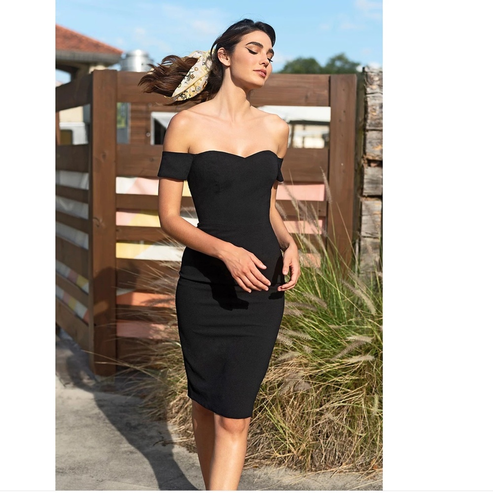 NEW DRESS THE POPULATION Black BAILEY Off The Shoulder BODYCON Midi DRESS XS - Picture 2 of 9